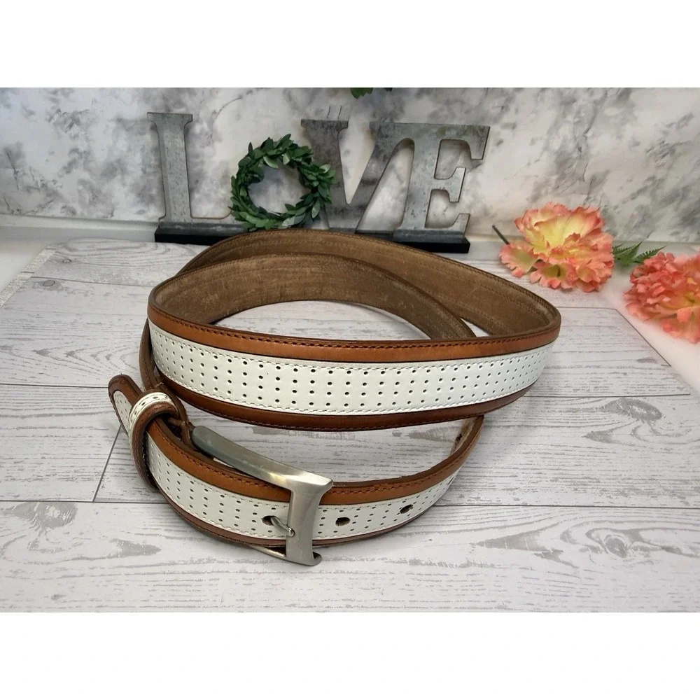 Vintage Brown and Ivory Perforated Leather Belt Men 45